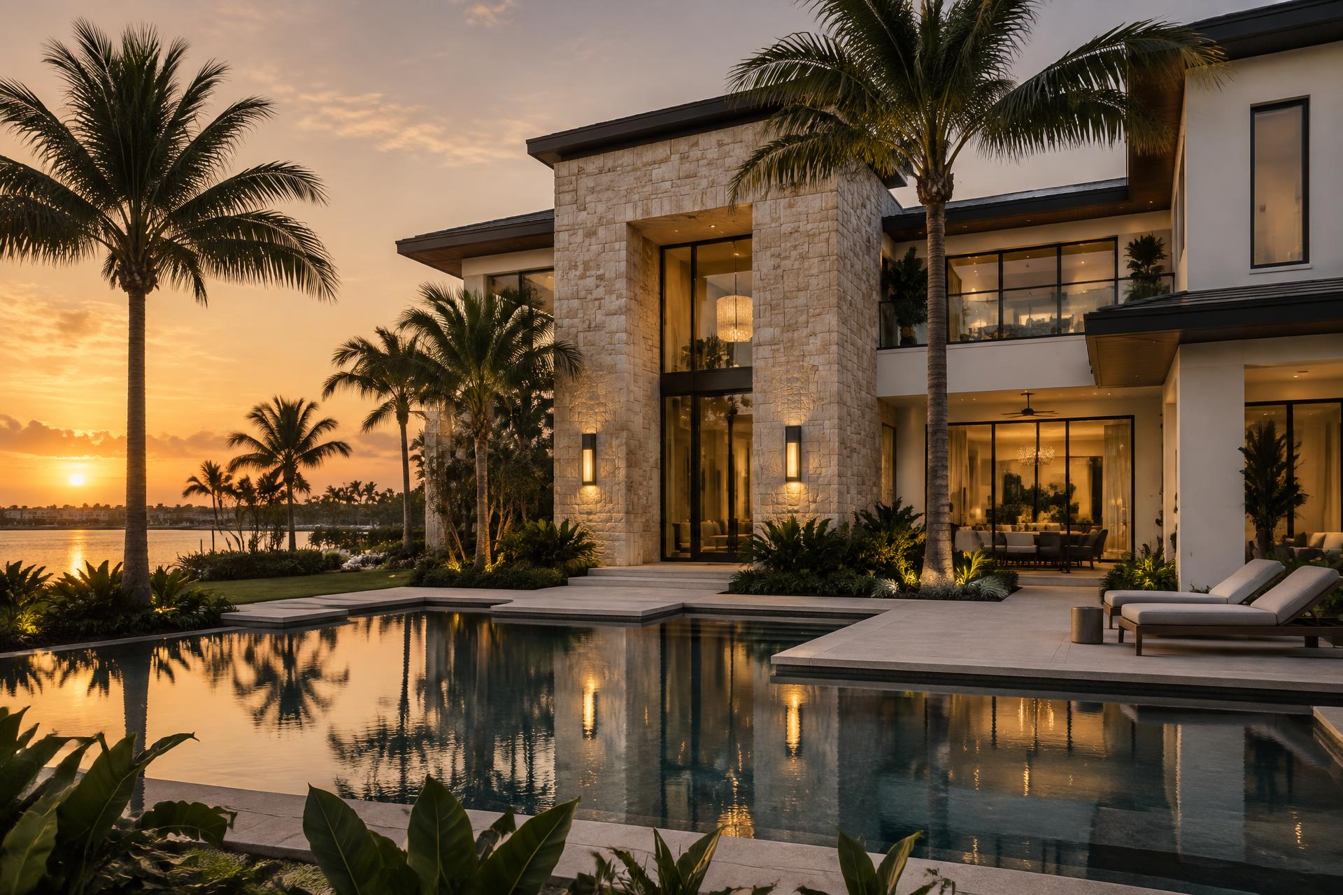 Elegant Florida residential property at dusk with palms and a reflecting pool