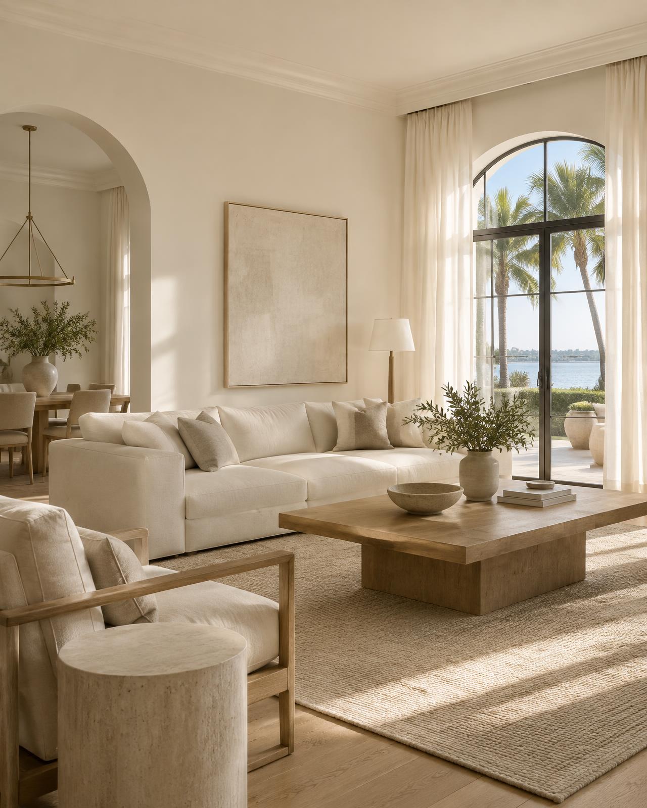 Sunlit ivory living room of a well-kept Florida rental home